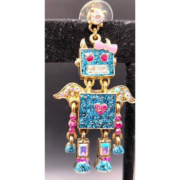 Betsey Johnson Mismatched Blue Glitter Robot Earrings Extremely Rare Collectors - Picture 5 of 11